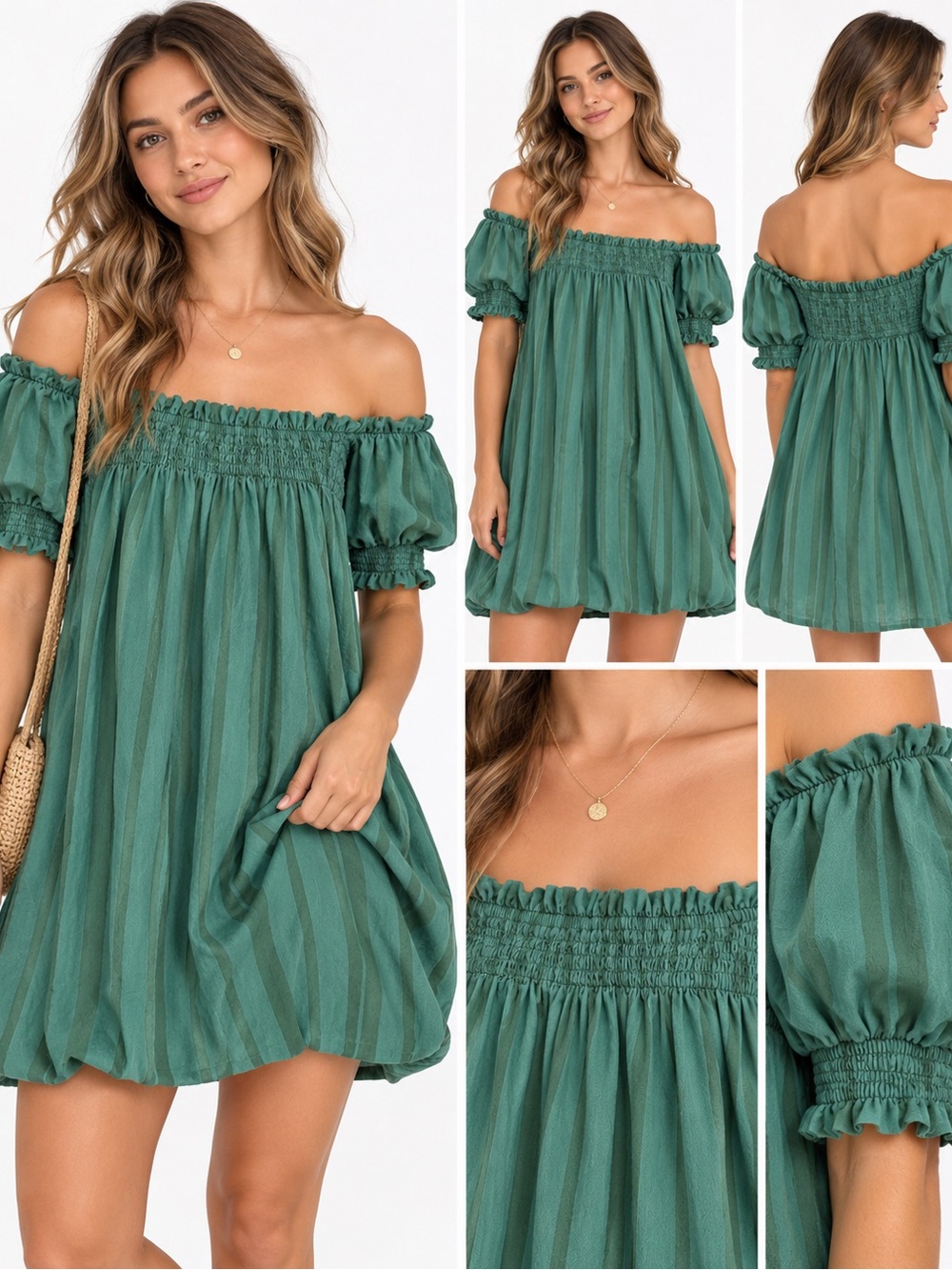 Free People Striped Off-Shoulder Bubble Hem Mini Dress in Teal